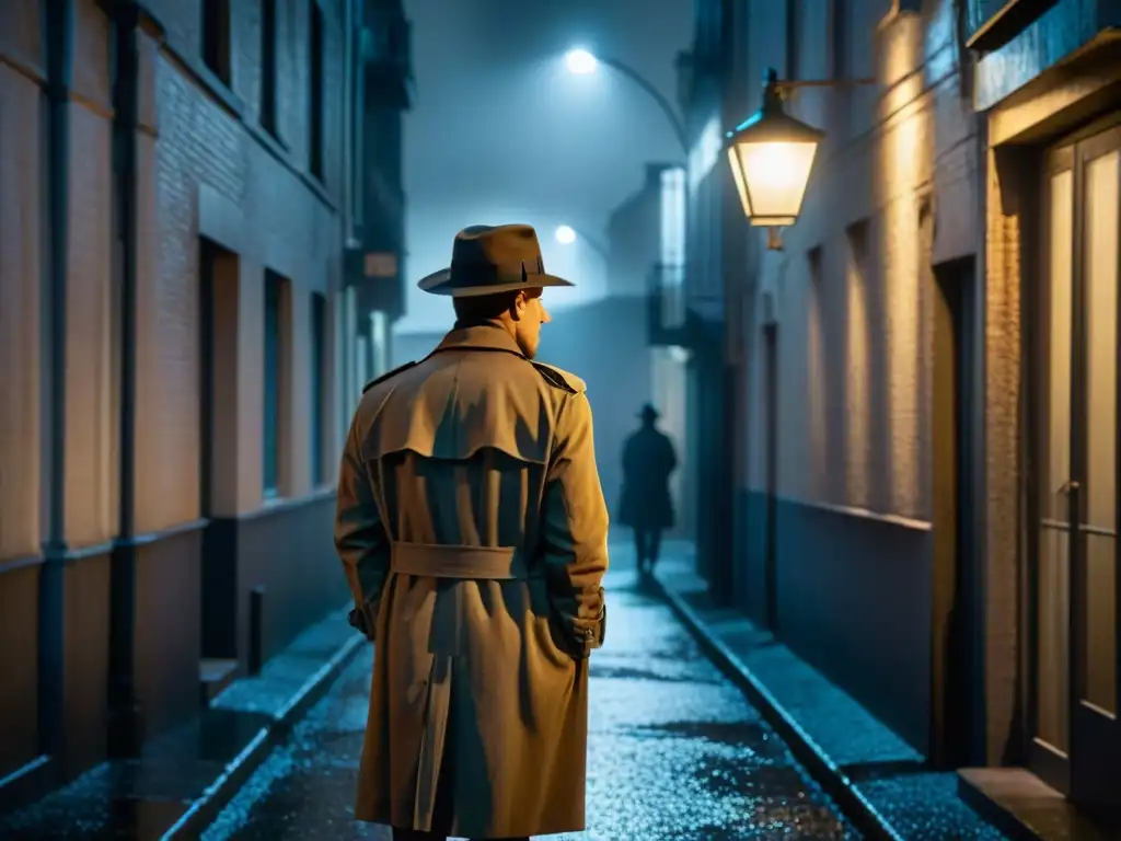 Un detective en la lluvia de la noche, bajo la luz de una farola en un callejón oscuro