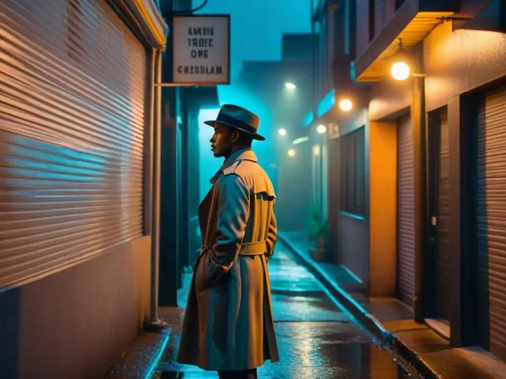 Un detective en la lluvia, silueteado por luces de neón en un callejón oscuro