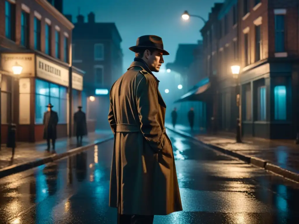 Un detective en la lluviosa calle nocturna, bajo la luz de un farol, fumando