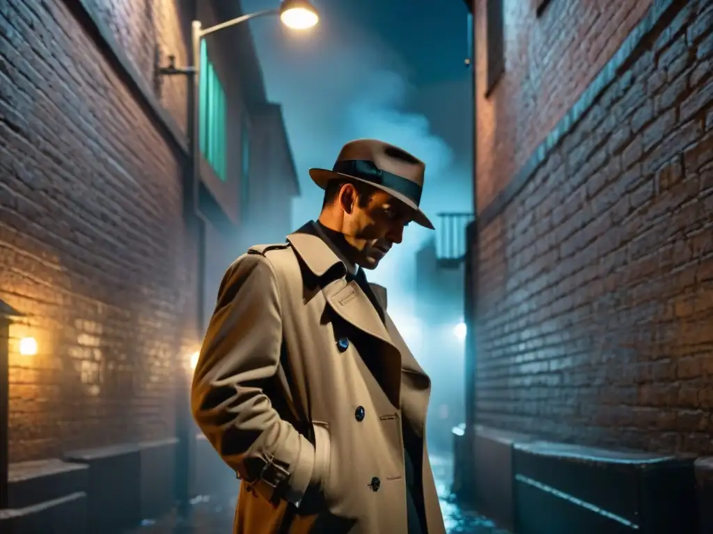 Philip Marlowe detective en género noir bajo la luz de la calle en noche lluviosa