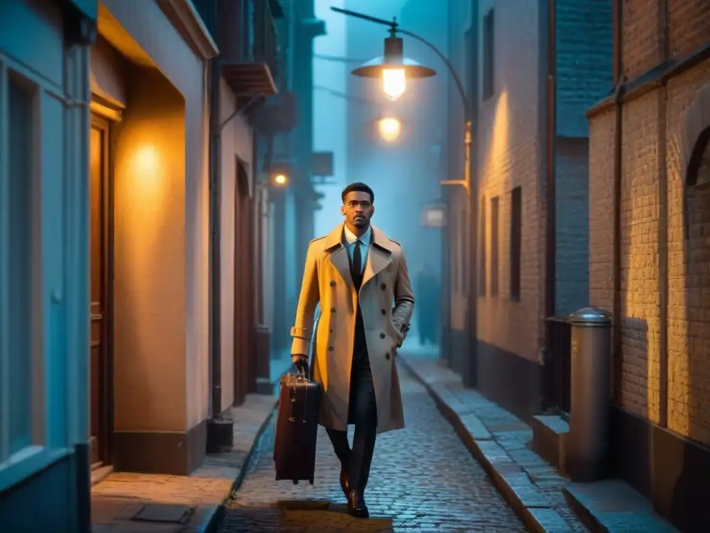 Un detective examina una maleta llena de gadgets espías en un callejón oscuro, mientras una figura misteriosa acecha