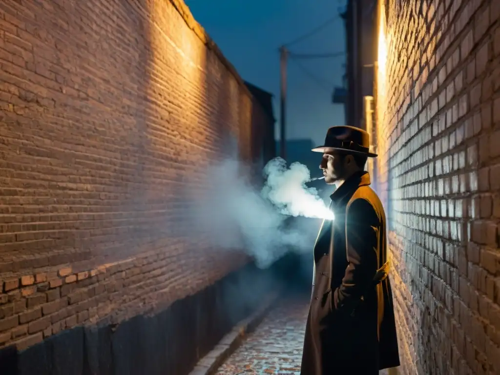 Un detective metafísico en blanco y negro, bajo la luz tenue de una farola en un callejón oscuro