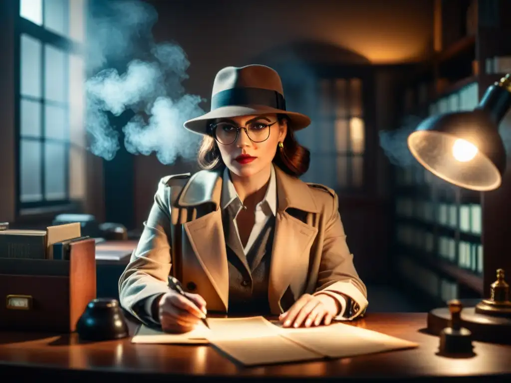 Una detective misteriosa en su oficina, iluminada por una lámpara de escritorio, rodeada de archivos y herramientas vintage