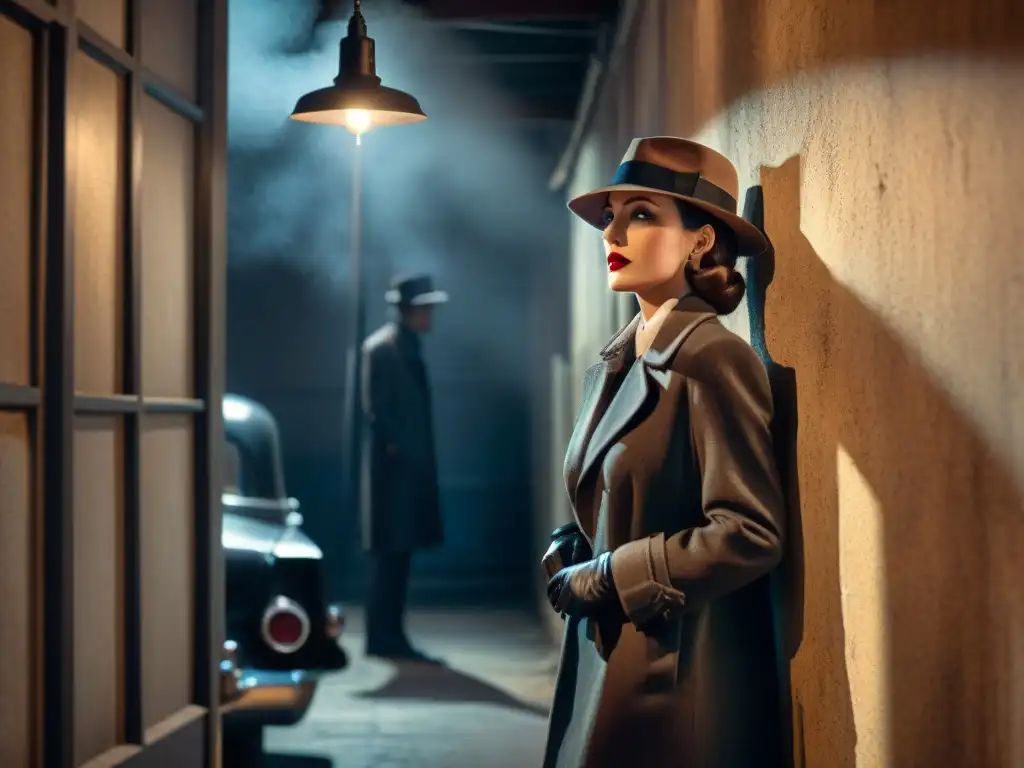 Una detective misteriosa examina una pista en un callejón oscuro, junto a un auto vintage