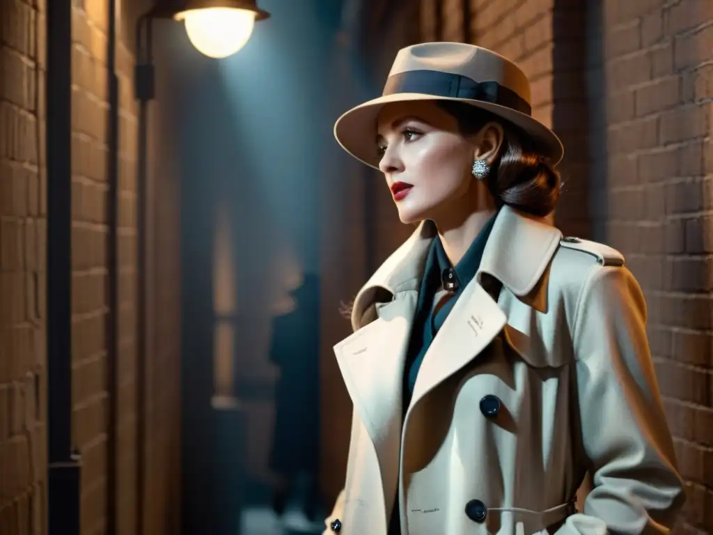 Una detective misteriosa examina pistas en un callejón oscuro, evocando el cine noir