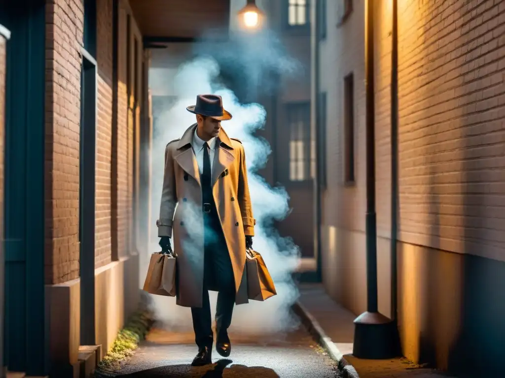 Detective en callejón oscuro inspecciona paquete 'Top Secret' Detective misterioso inspecciona caja top secret en callejón sombrío