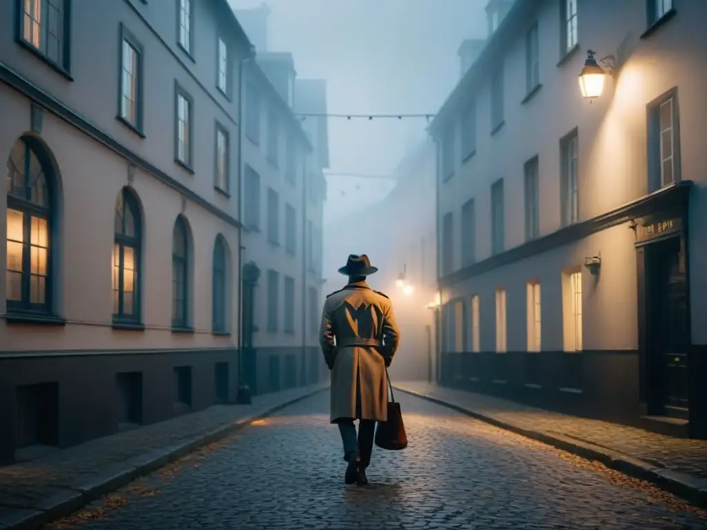 Un detective misterioso camina por un callejón escandinavo, entre sombras y luces tenues