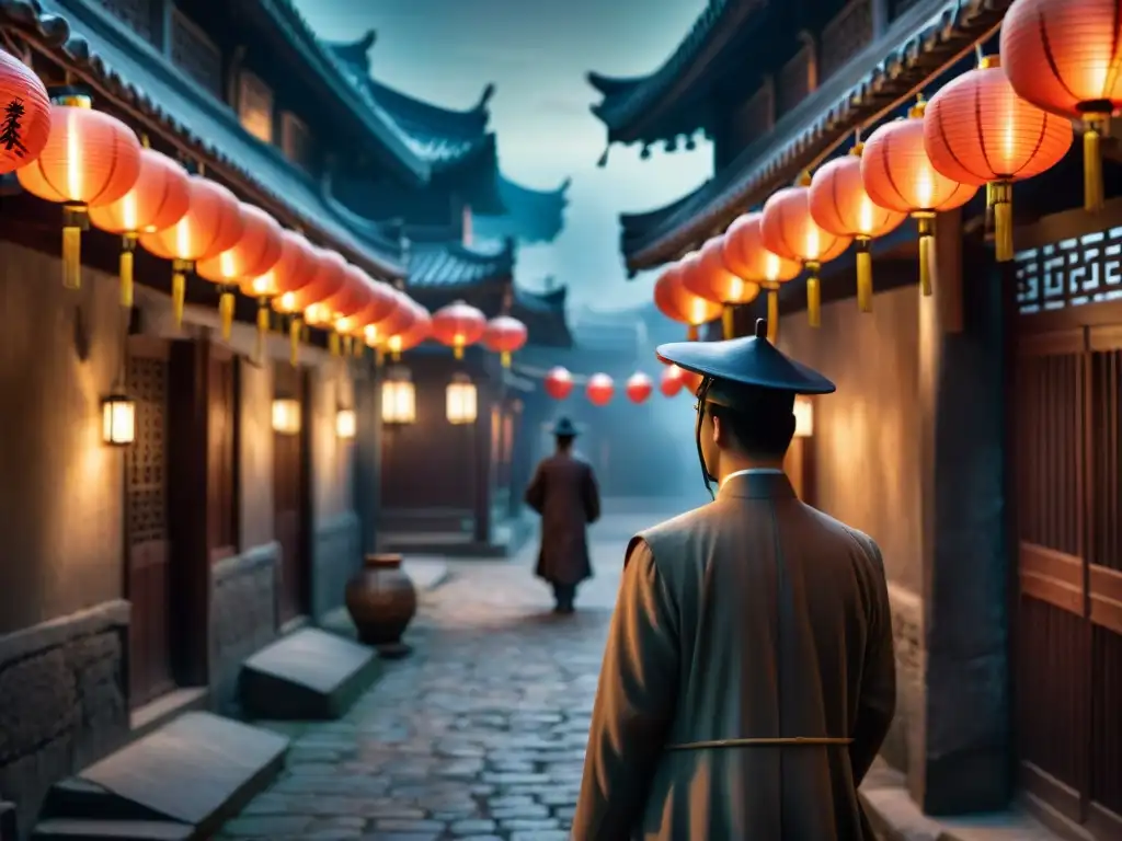 Detective misterioso en callejón antiguo de China Un detective misterioso en un callejón con faroles de papel en la antigua China