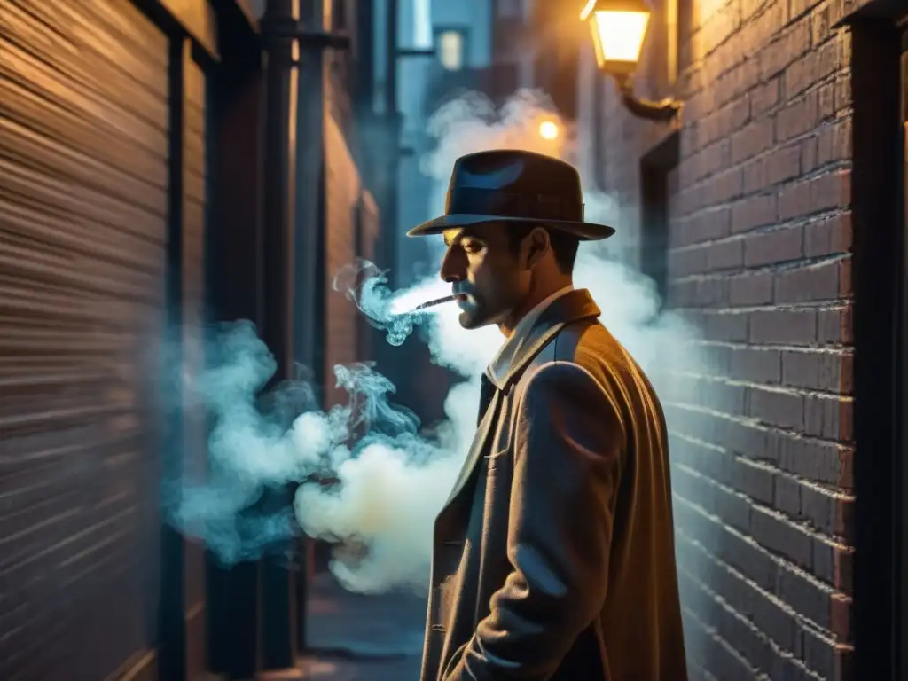 Un detective misterioso fumando en un callejón iluminado, evocando la atmósfera noir de Hannibal análisis psique criminal detectives