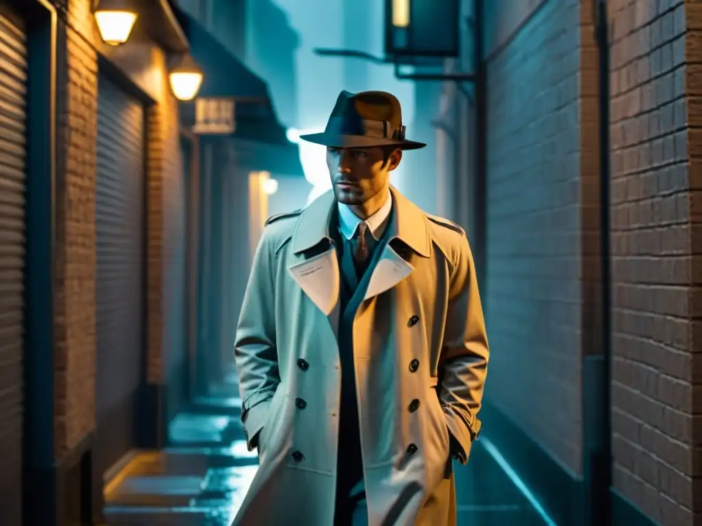 Un detective misterioso en un callejón iluminado por una farola, en blanco y negro