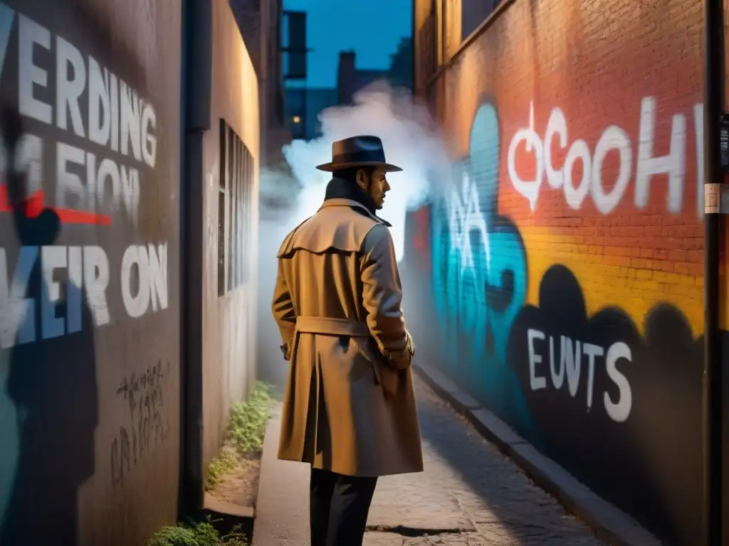 Un detective misterioso en un callejón iluminado por una farola, rodeado de sombras y graffiti, creando un ambiente de intriga