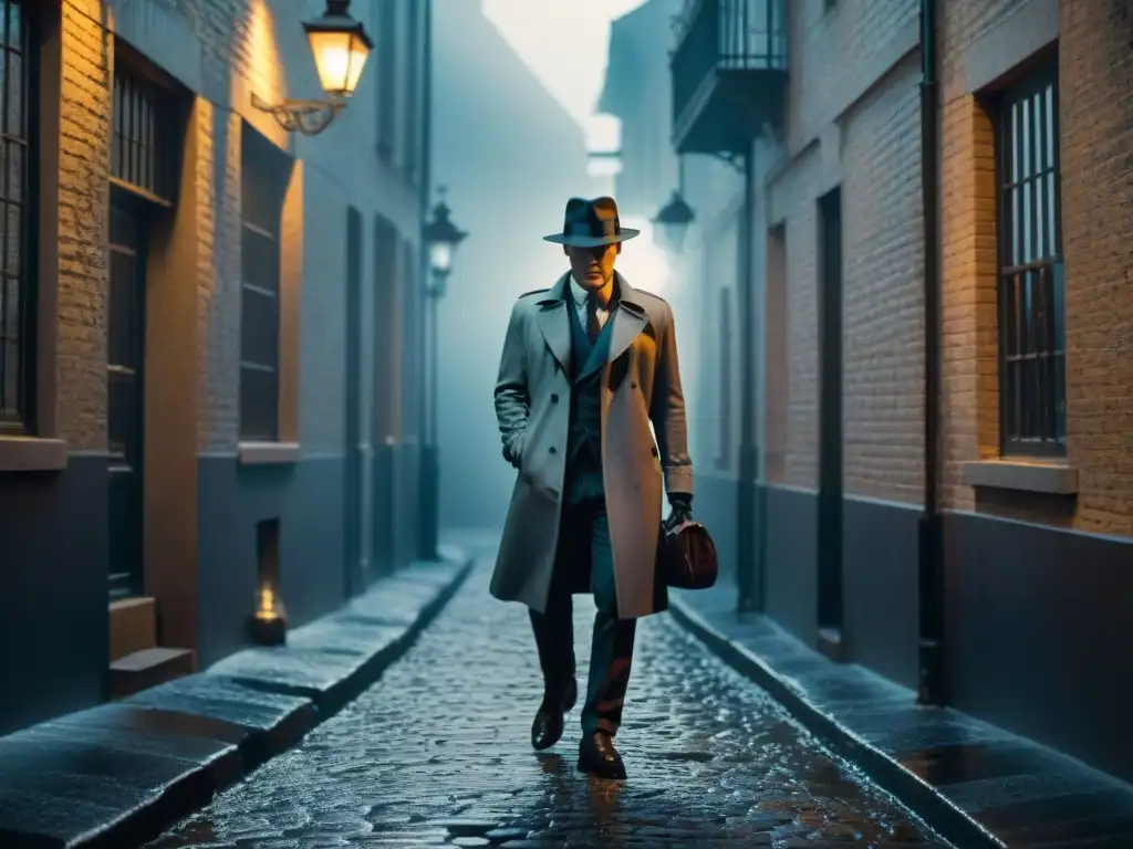 Detective misterioso en callejón lúgubre, iluminado por farola