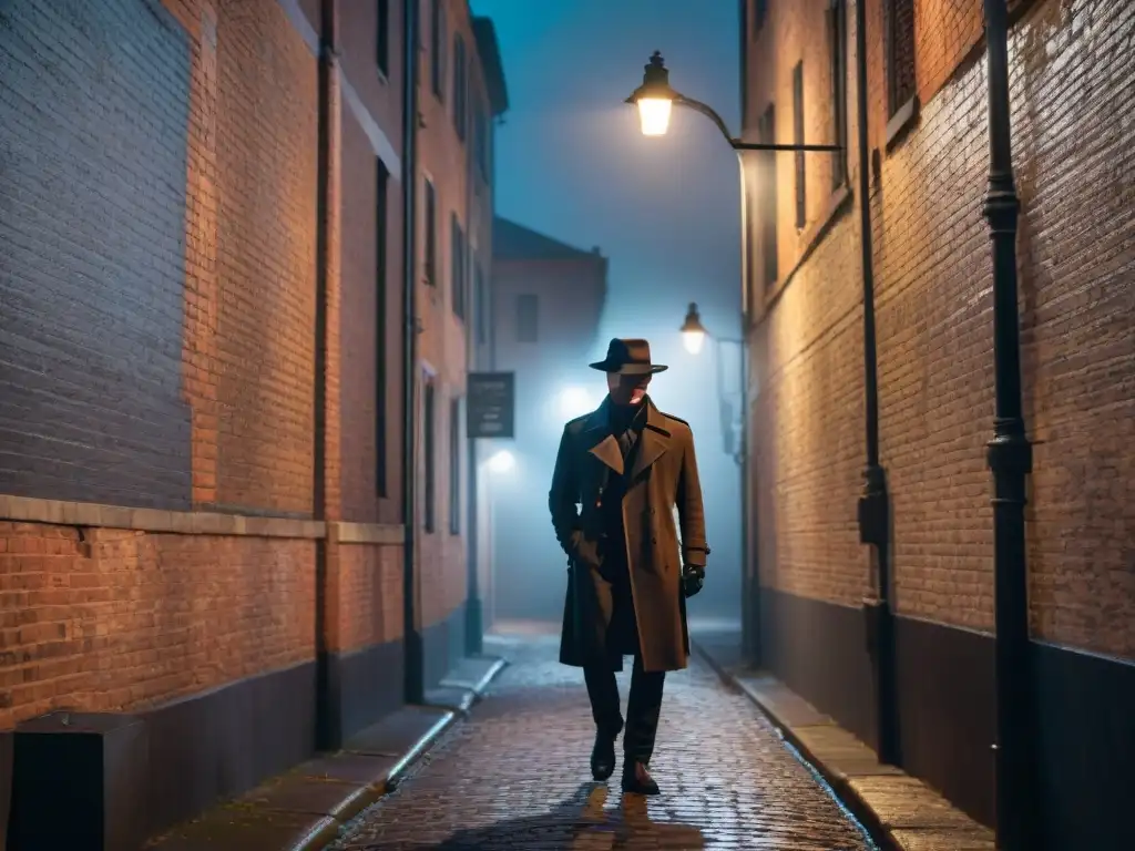 Un detective misterioso en un callejón nocturno, envuelto en niebla, evocando el ambiente de Peaky Blinders temporada