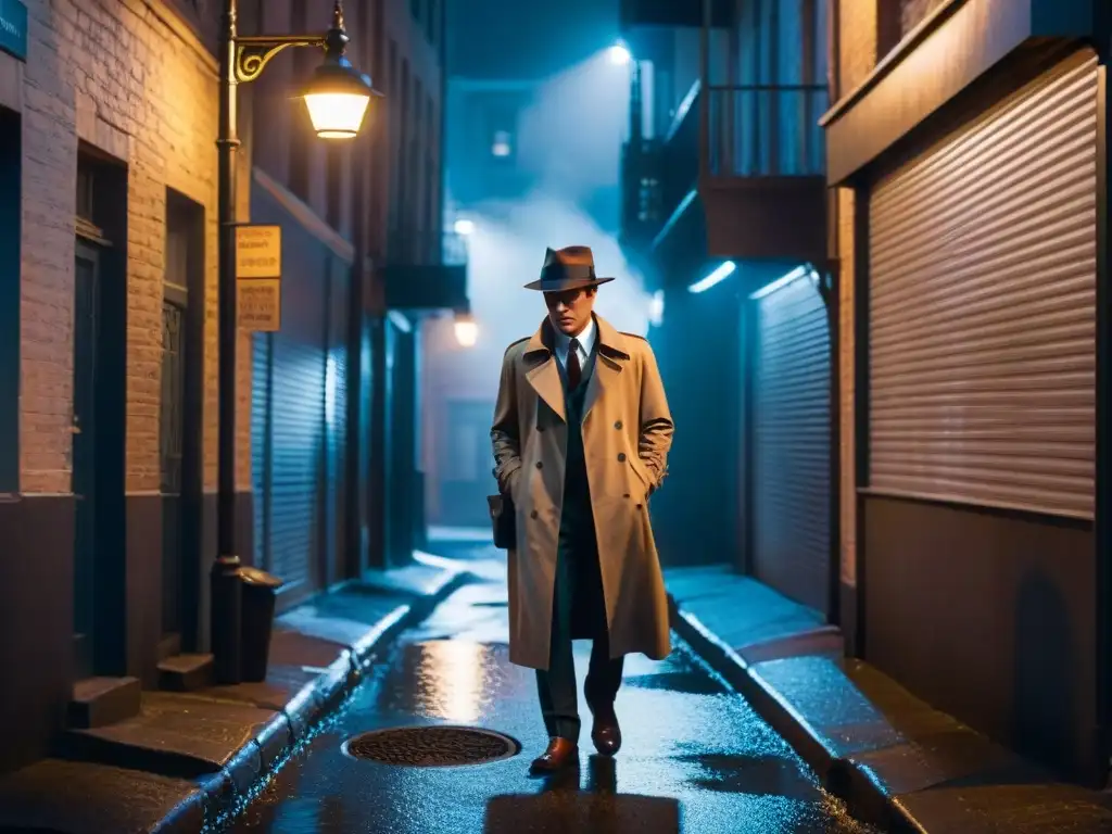 Detective misterioso en callejón nocturno con sombras largas, ambiente de Film Noir en la ciudad