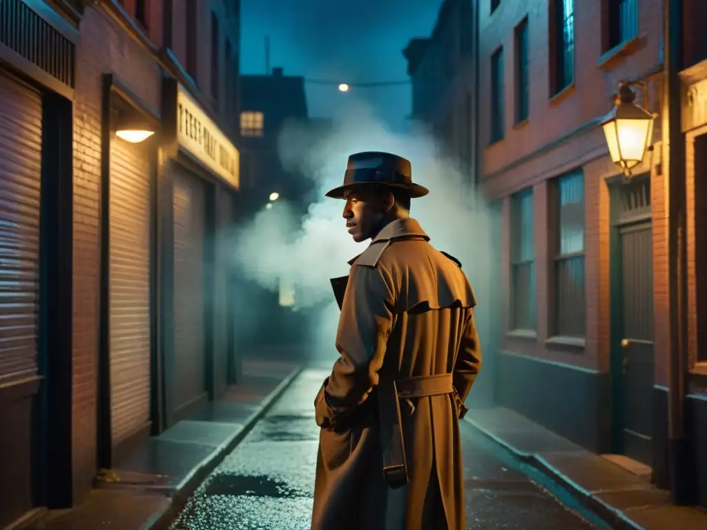 Un detective misterioso en un callejón nocturno iluminado por una farola, evocando los orígenes del cine detectivesco