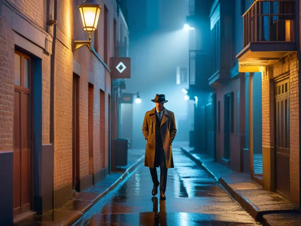 Un detective misterioso camina por un callejón nocturno, iluminado por una tenue farola