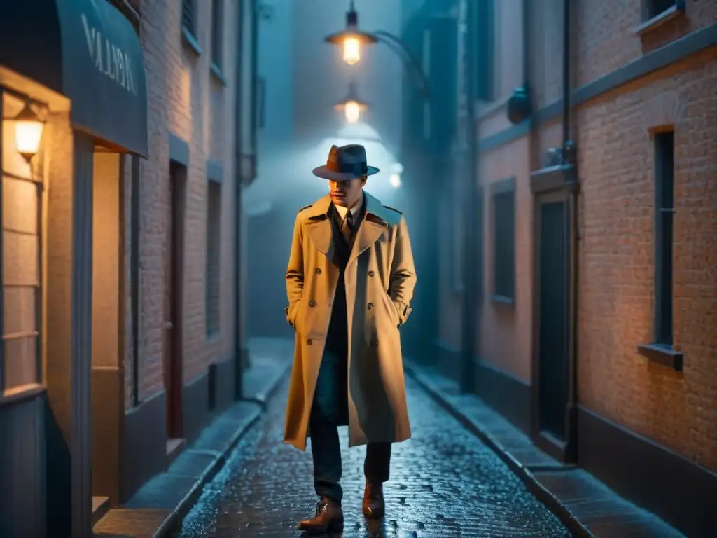 Escena intrigante: misteriosa figura en un callejón oscuro de noche Un detective misterioso en un callejón nocturno, evocando la justicia y moralidad en detectives