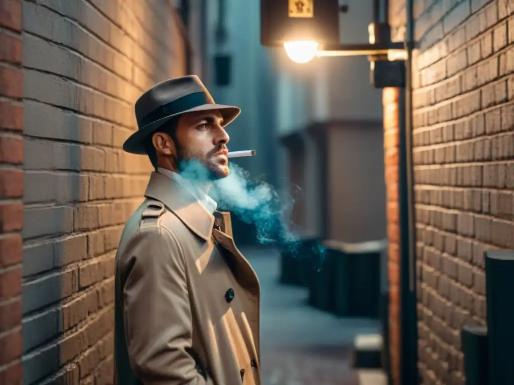 Un detective misterioso fumando en un callejón oscuro, evocando el suspense de las series detectives YouTube Premium