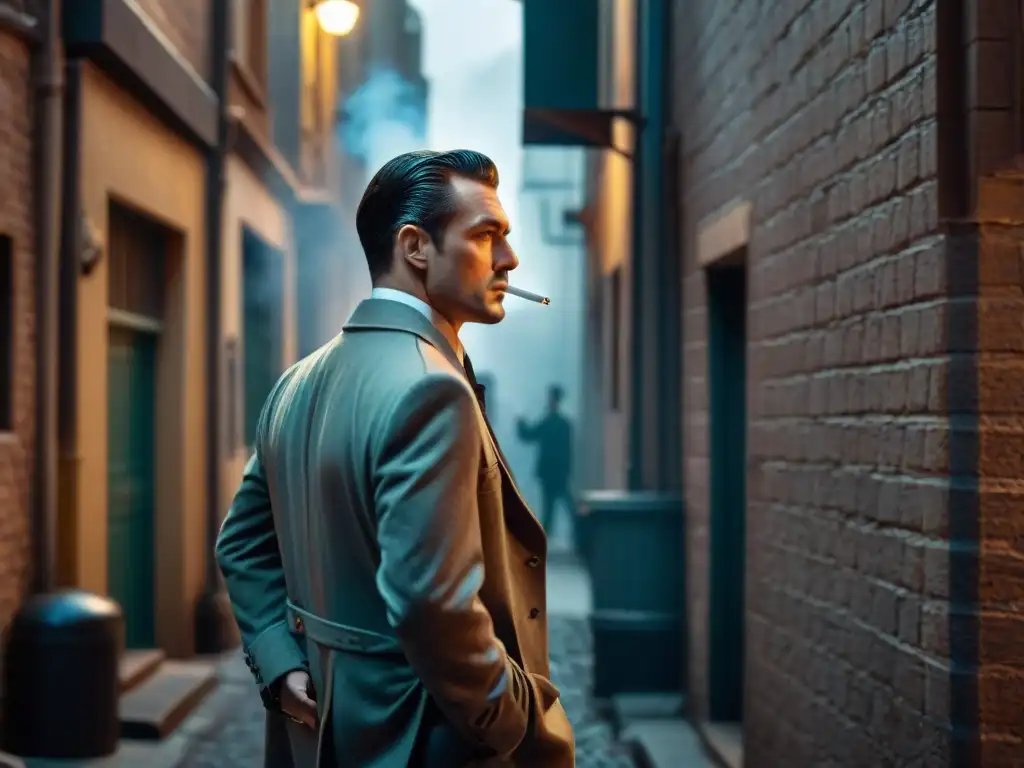 Detective misterioso en callejón oscuro, fumando Un detective misterioso en un callejón oscuro, fumando y mirando con intriga, rodeado de sombras y una atmósfera de noir clásico detectives análisis