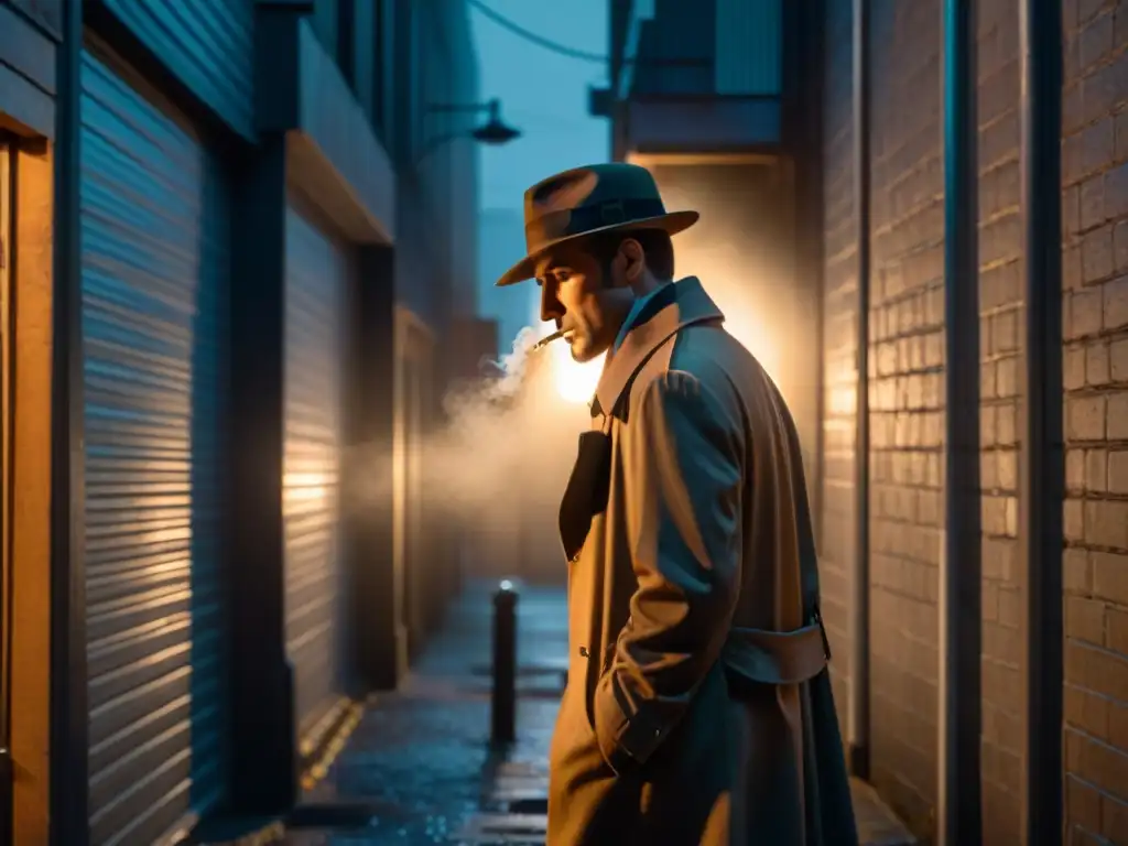 Detective misterioso fumando en un callejón oscuro, evocando temas del noir clásico detectives