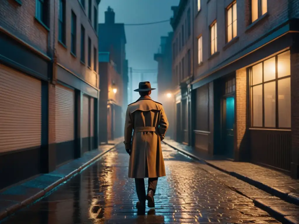 Un detective misterioso en un callejón oscuro bajo una farola, en un escenario urbano de Film Noir