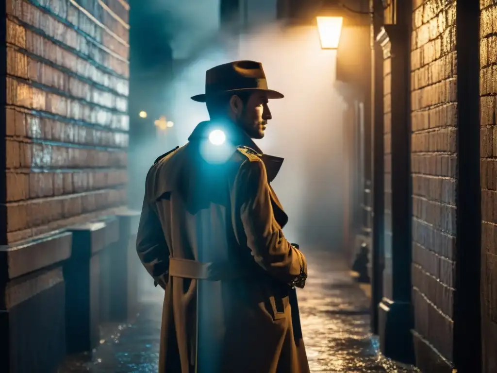 Alleyway misterioso: figura en la sombra con lupa Un detective misterioso en un callejón oscuro con linterna, en una escena de crímenes calle Morgue narrativa detectivesca