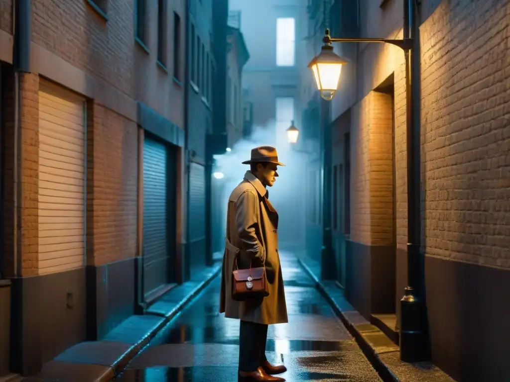 Un detective misterioso fumando en un callejón oscuro, evocando la atmósfera de un clásico film noir