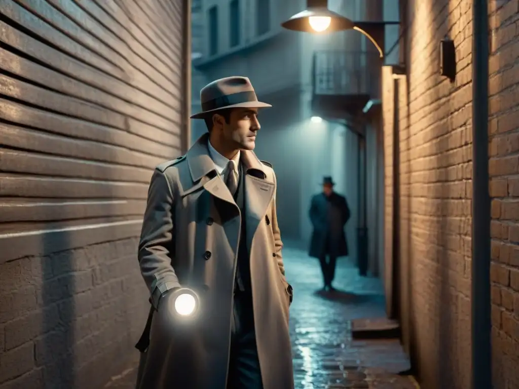 Detective misterioso en un callejón, con gabardina y sombrero, usando una lupa bajo la luz de la farola