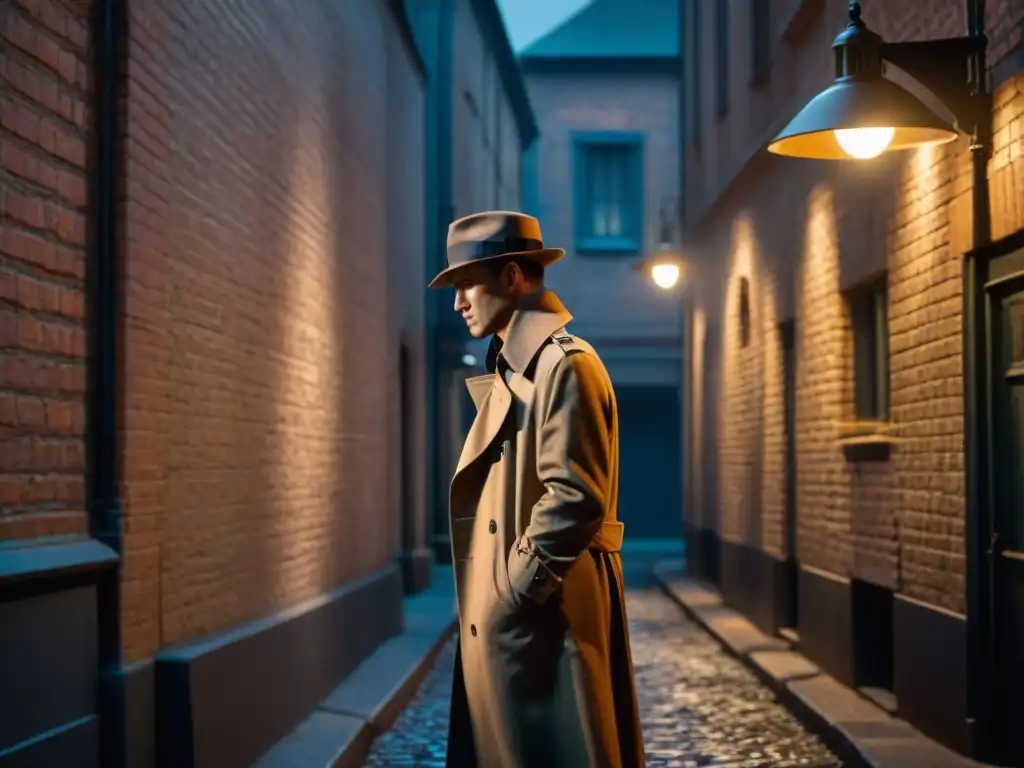 Escena de cine negro: figura misteriosa en callejón oscuro Un detective misterioso en un callejón, con sombrero y abrigo, bajo una farola parpadeante