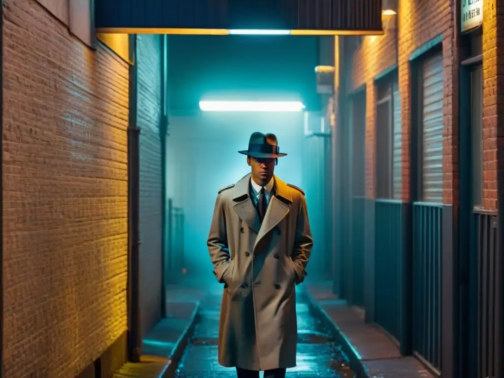 Un detective misterioso fuma en un callejón sombrío bajo la luz de la farola, reflejando el ambiente noir