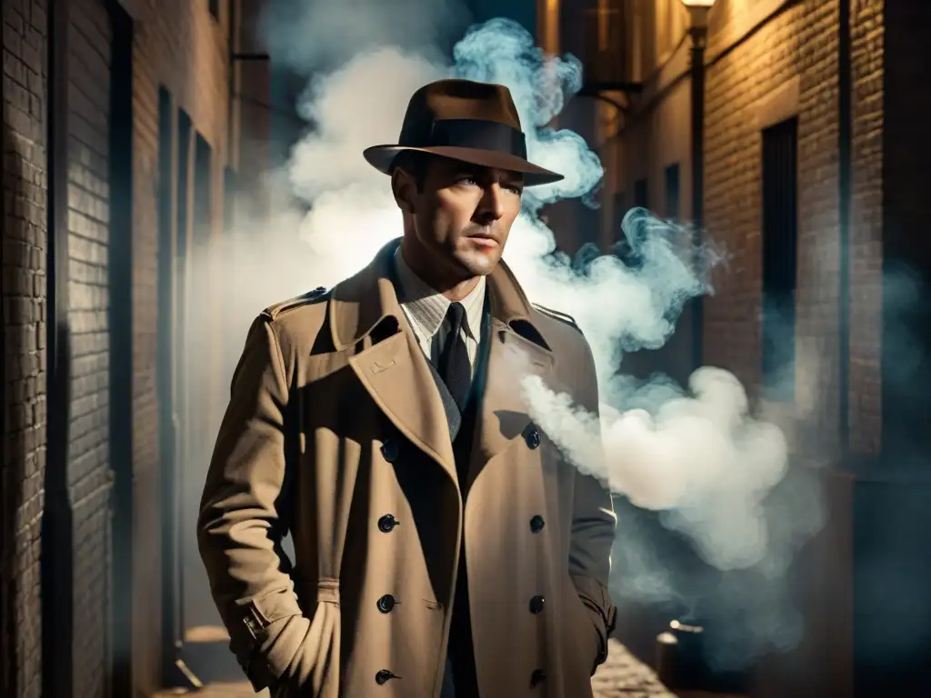 Un detective misterioso en un callejón sombrío bajo una farola, rodeado de humo