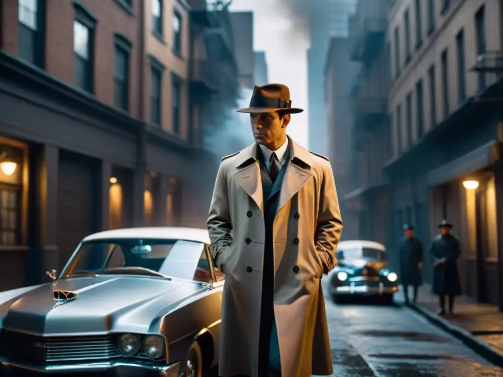 Detective misterioso fumando en callejón sombrío con auto vintage al fondo