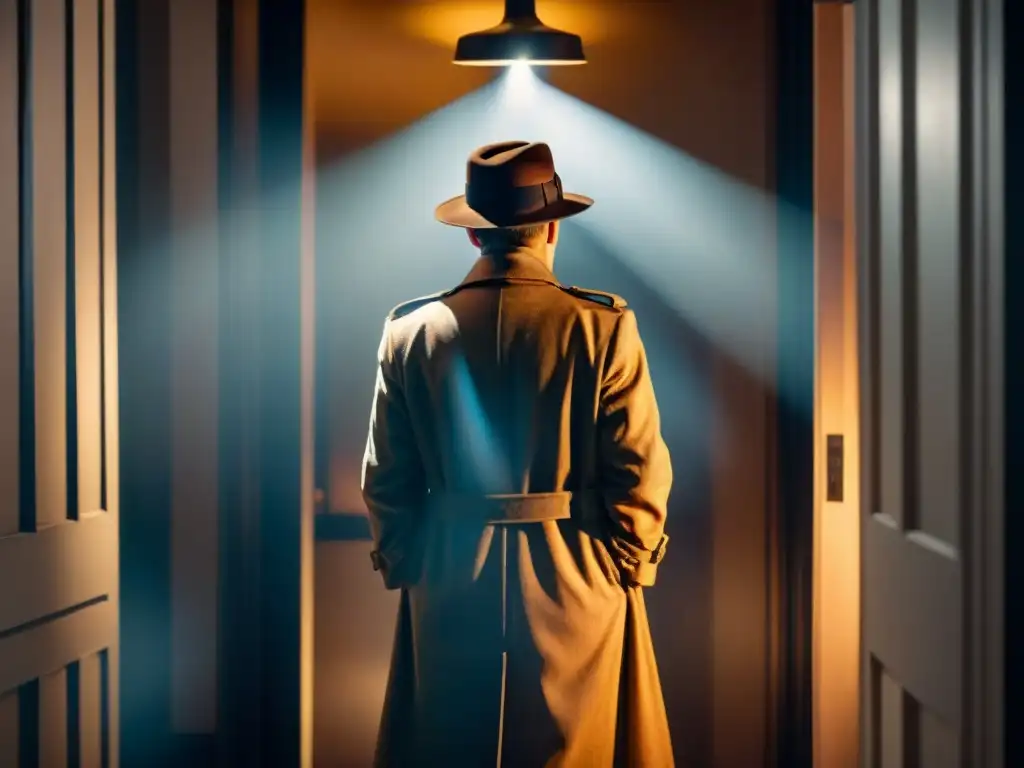 Un detective misterioso examina un carrete de película vintage bajo una farola, en una habitación sombría y envuelta en humo