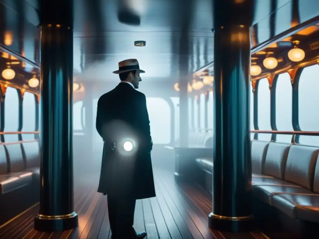Investigación nocturna en crucero temático: misterio en la niebla Un detective en un misterioso crucero temático de crimen, bajo la niebla nocturna y la iluminación tenue