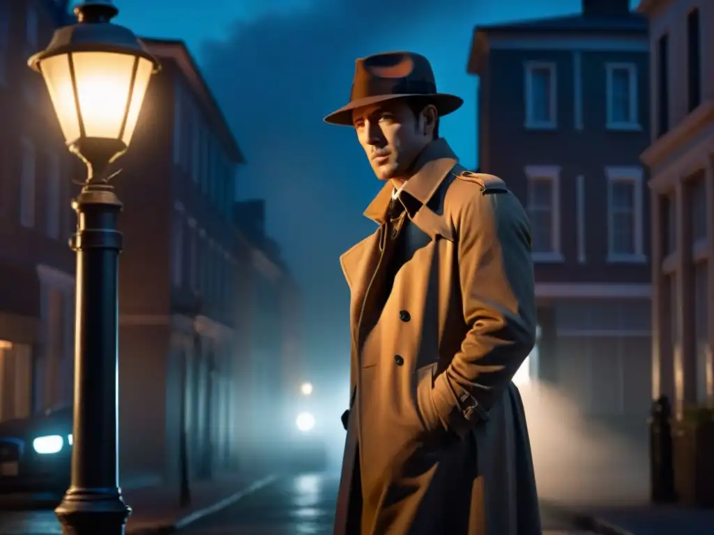 Un detective misterioso bajo una farola en la calle, con sombrero y gabardina, en un escenario de cine noir
