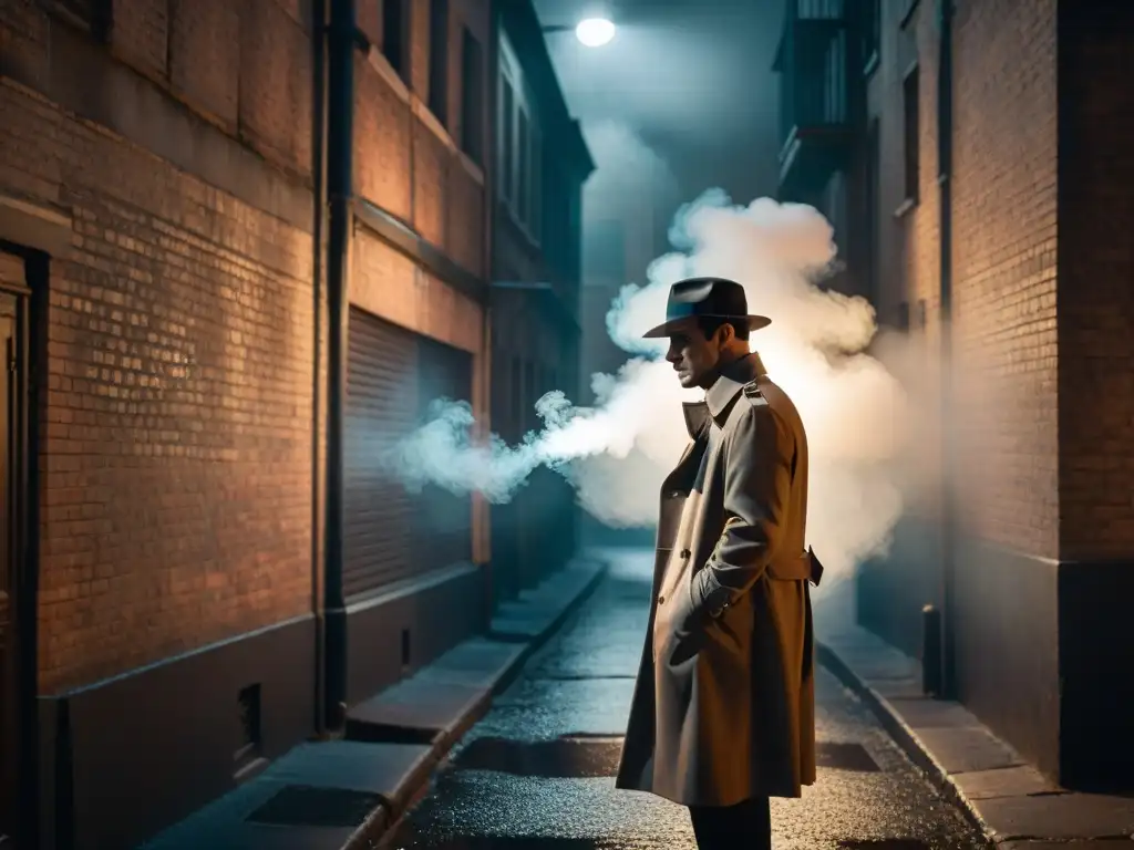 Un detective misterioso bajo una farola en un callejón desolado, con humo de cigarro