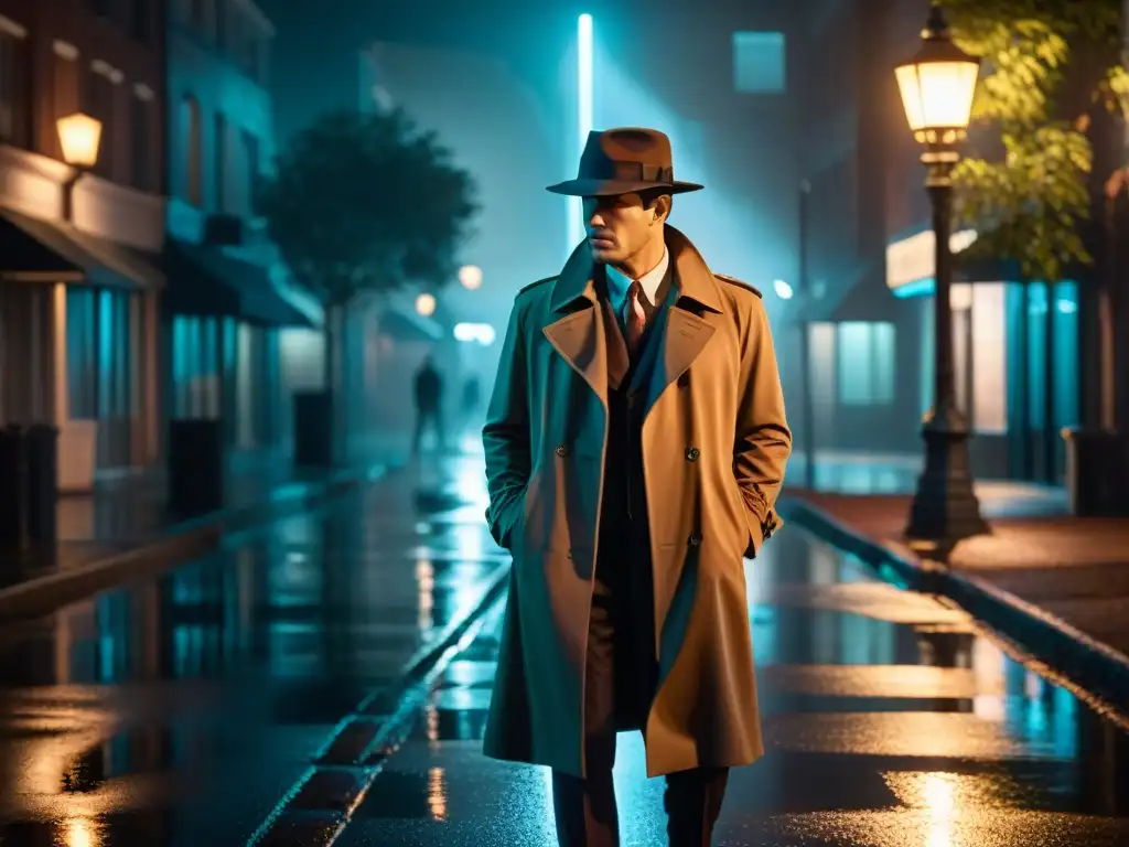 Detective misterioso bajo farola en la lluvia, evocando el cine noir