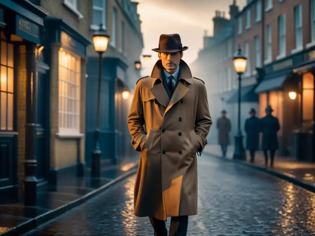 Un detective misterioso bajo una farola en Londres, evocando la Evolución de Sherlock Holmes en pantalla