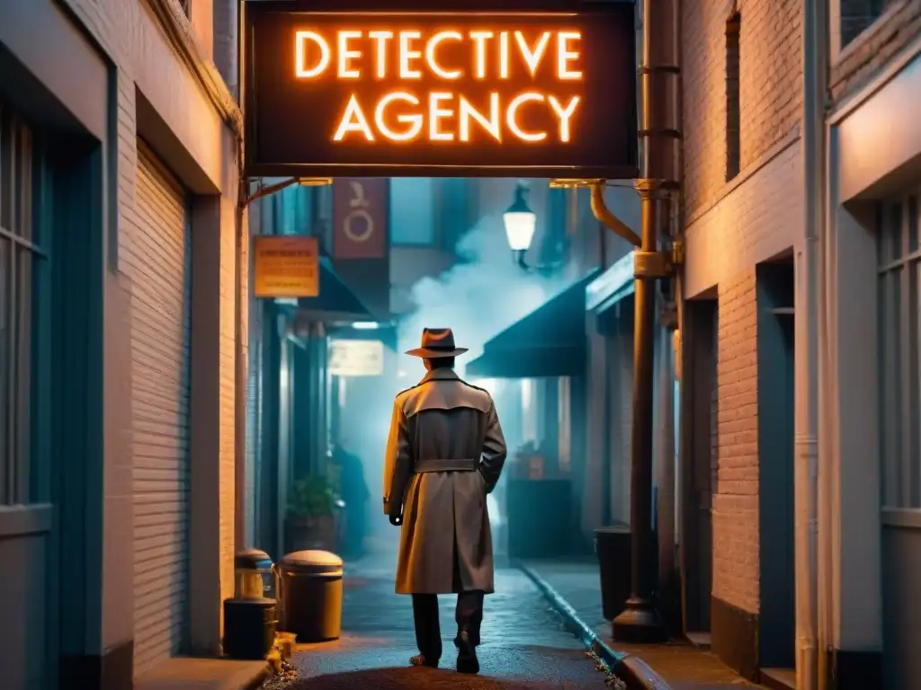 Un detective misterioso bajo un letrero de 'Detectives de comedia en televisión' en un callejón oscuro y lleno de humo