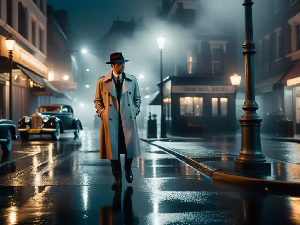 Un detective misterioso bajo la lluvia en una calle nocturna, evocando la evolución detectives cine televisión