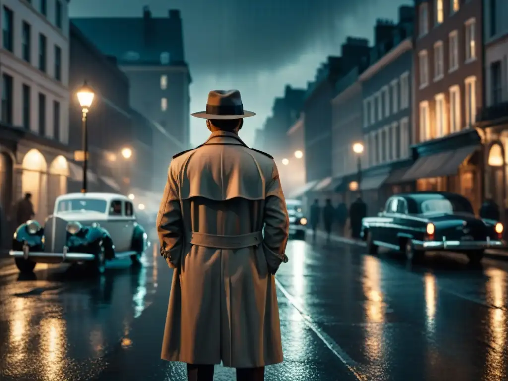 Un detective misterioso bajo la lluvia en una calle nocturna, evocando el ambiente de los misterios detectives en cine y televisión