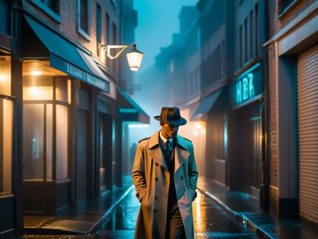 Un detective misterioso bajo la lluvia en un callejón, evocando la serie de comedia misterio detectives evolución