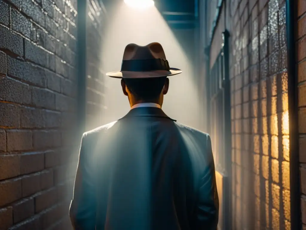 Detective misterioso en callejón lluvioso Un detective misterioso bajo la lluvia en un callejón con una estética noir