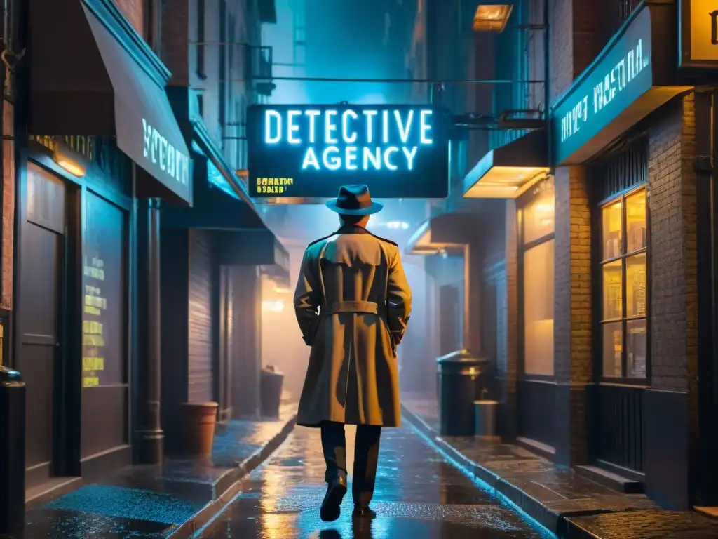 Un detective misterioso bajo la lluvia en un callejón iluminado, mirando un letrero de 'Detective Agency'