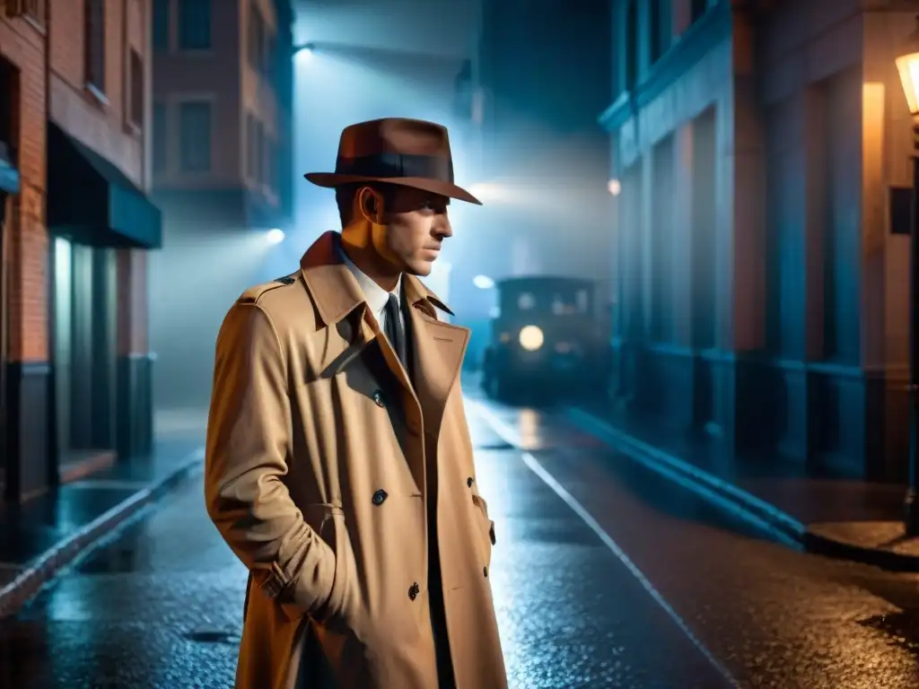 Un detective misterioso bajo la luz de la calle en una escena de film noir