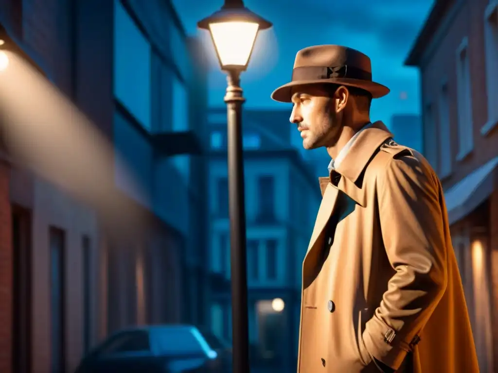 Detective en la sombra: misterio y tecnología Un detective misterioso bajo la luz de la calle en una noche lluviosa, con una app de camuflaje digital