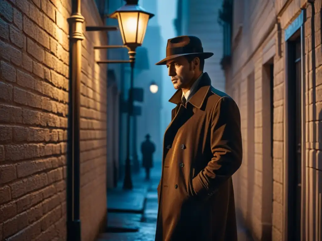 Un detective misterioso bajo la luz de la farola en un callejón lluvioso, capturando los Arquetipos del Noir Clásico