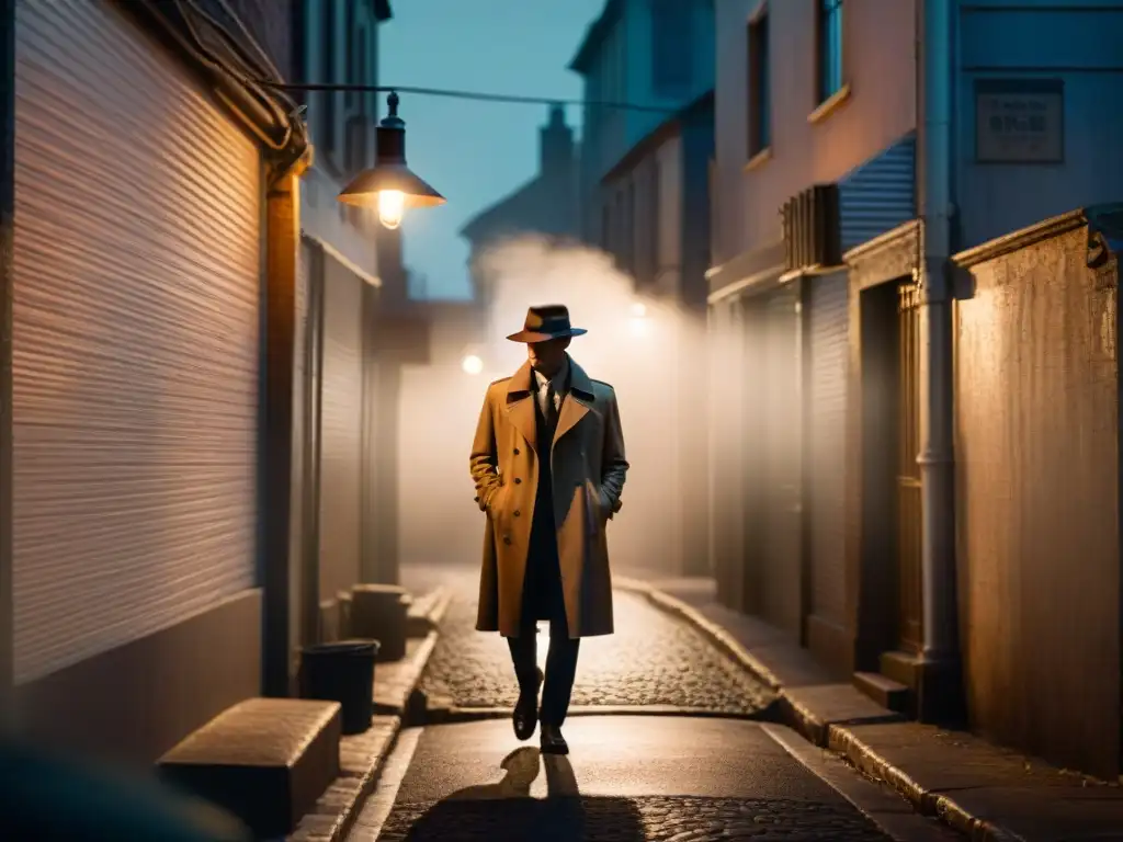 Un detective misterioso bajo la luz de la farola en un callejón oscuro de noche, evocando el ambiente de las series de Detectives literarios olvidados