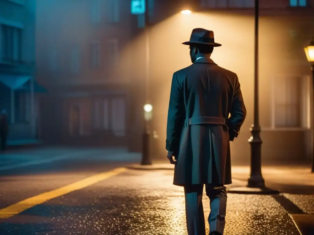 Un detective misterioso bajo la luz de una farola en la noche lluviosa, evocando el cine de espías y detectives