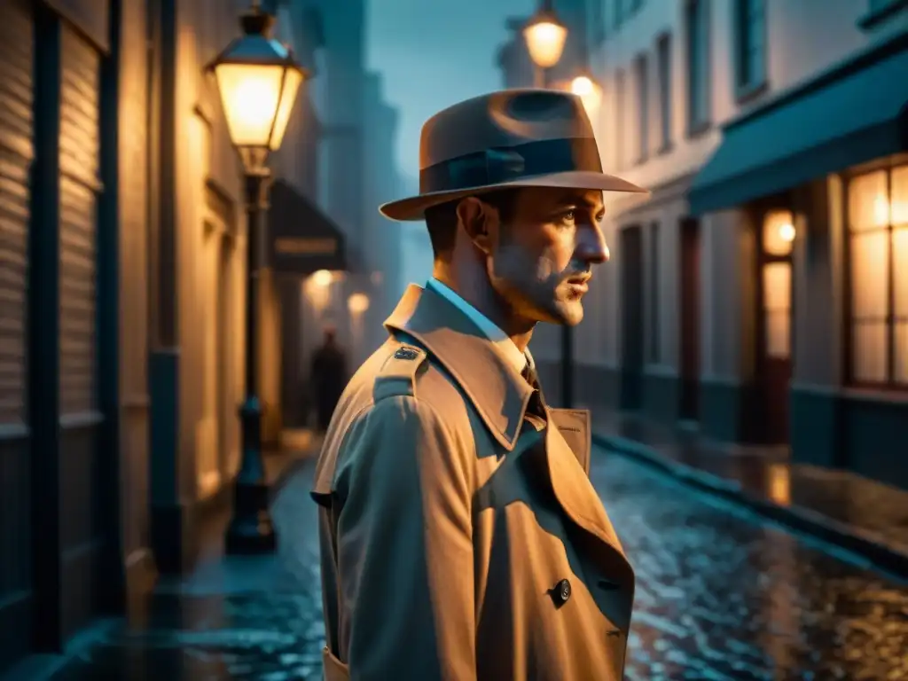 Misterioso detective bajo farola en calle desierta estilo noir Un detective misterioso bajo la luz de la farola en una calle desierta, reflejando la atmósfera del género detectivesco